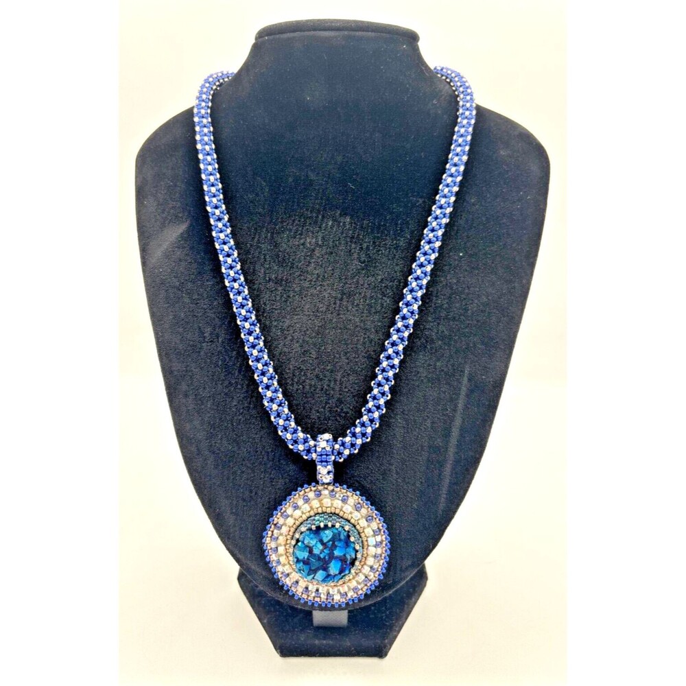 Handcrafted Beaded Medallion Pendant Necklace Blue Silver Beads Hook Clasp VTG